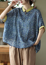 Load image into Gallery viewer, Navy Peter Pan Collar Print Ramie Top  Summer