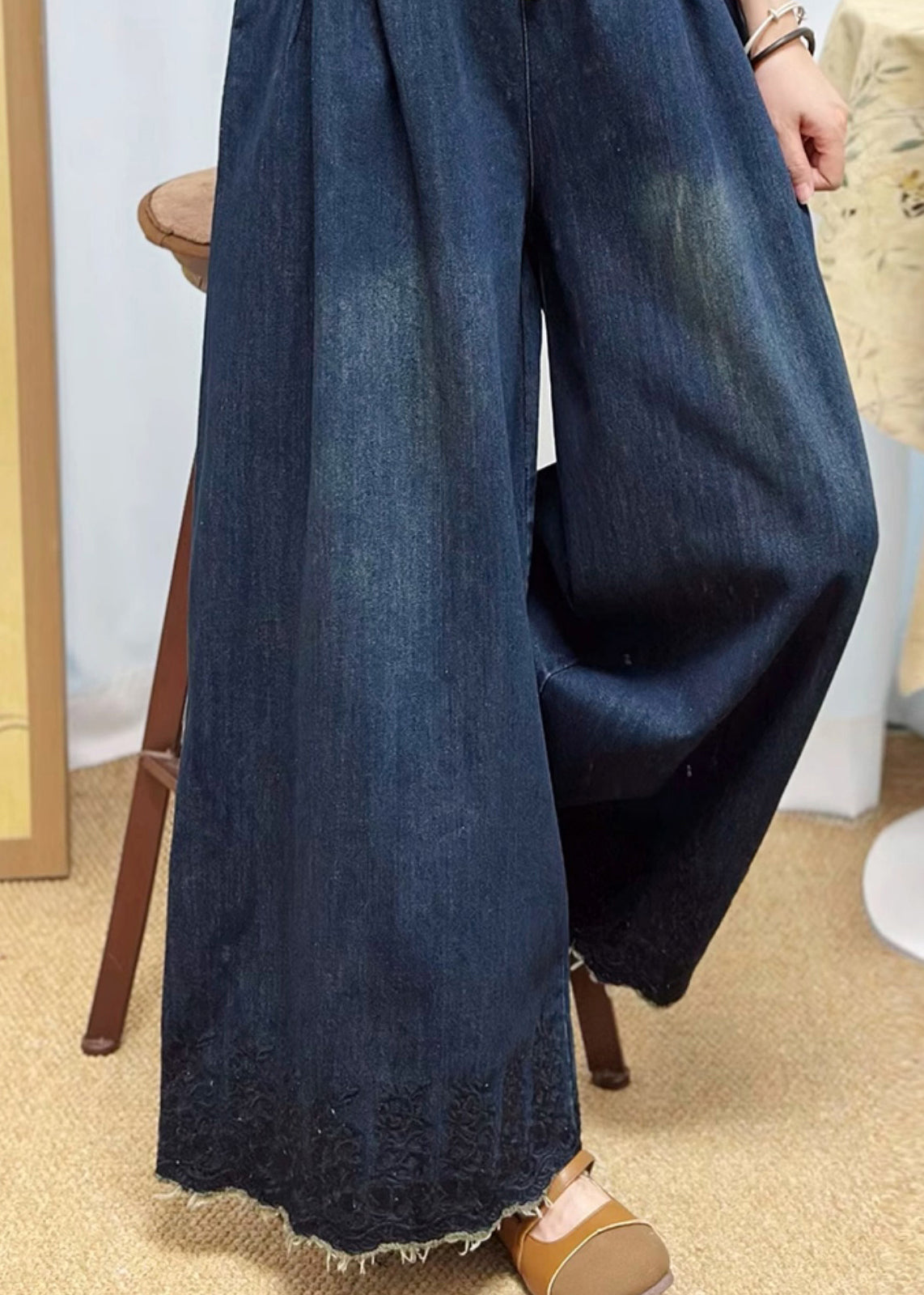 Navy Pockets Denim Wide Leg Pants Embroidered Fall