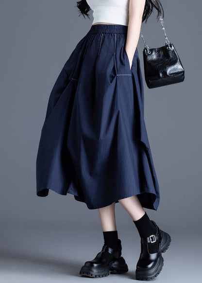 Navy Pockets Elastic Waist Cotton Skirts Wrinkled