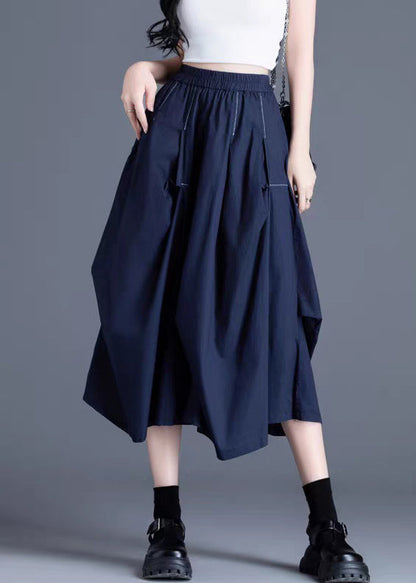 Navy Pockets Elastic Waist Cotton Skirts Wrinkled