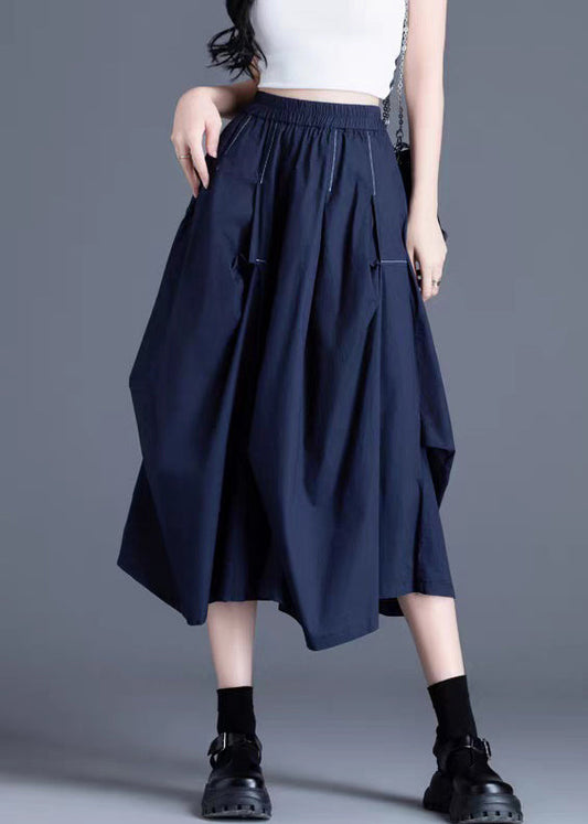 Navy Pockets Elastic Waist Cotton Skirts Wrinkled