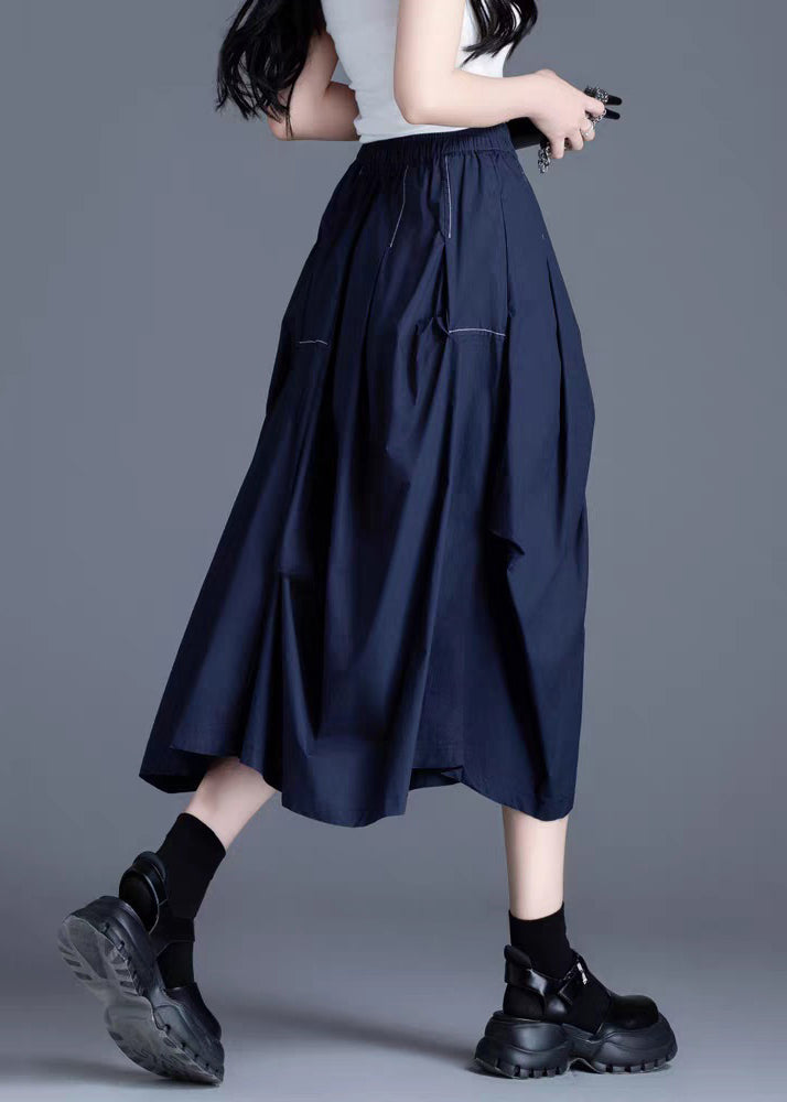 Navy Pockets Elastic Waist Cotton Skirts Wrinkled