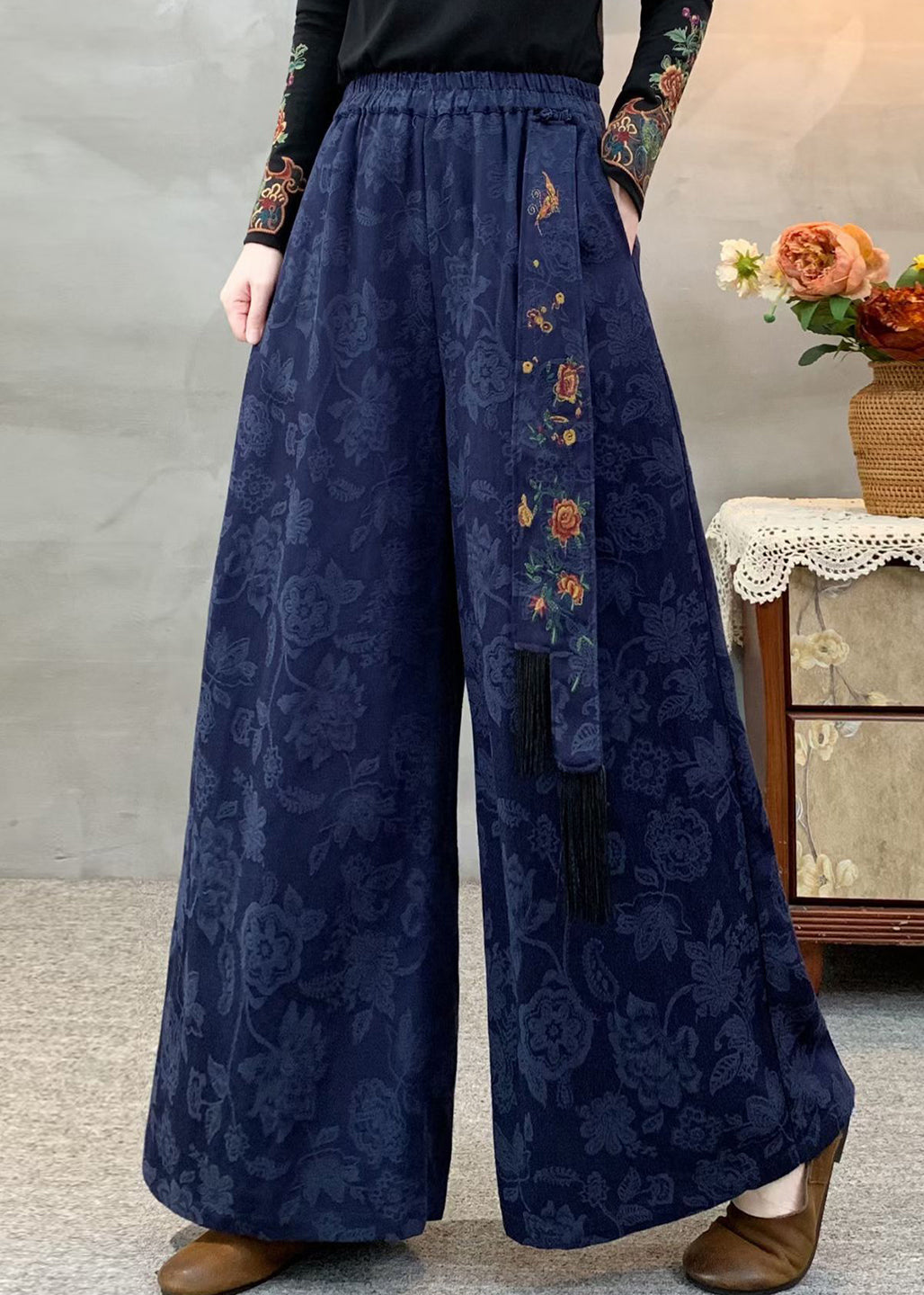 Navy Pockets Jacquard Retro Cotton Pants Embroidered Fall