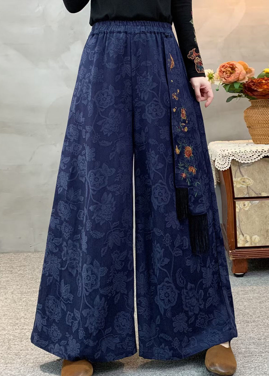 Navy Pockets Jacquard Retro Cotton Pants Embroidered Fall