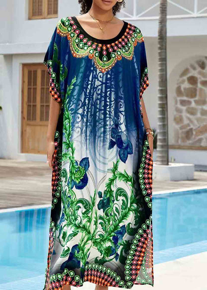 Navy Print Chiffon Long Dresses Oversized Side Open Summer