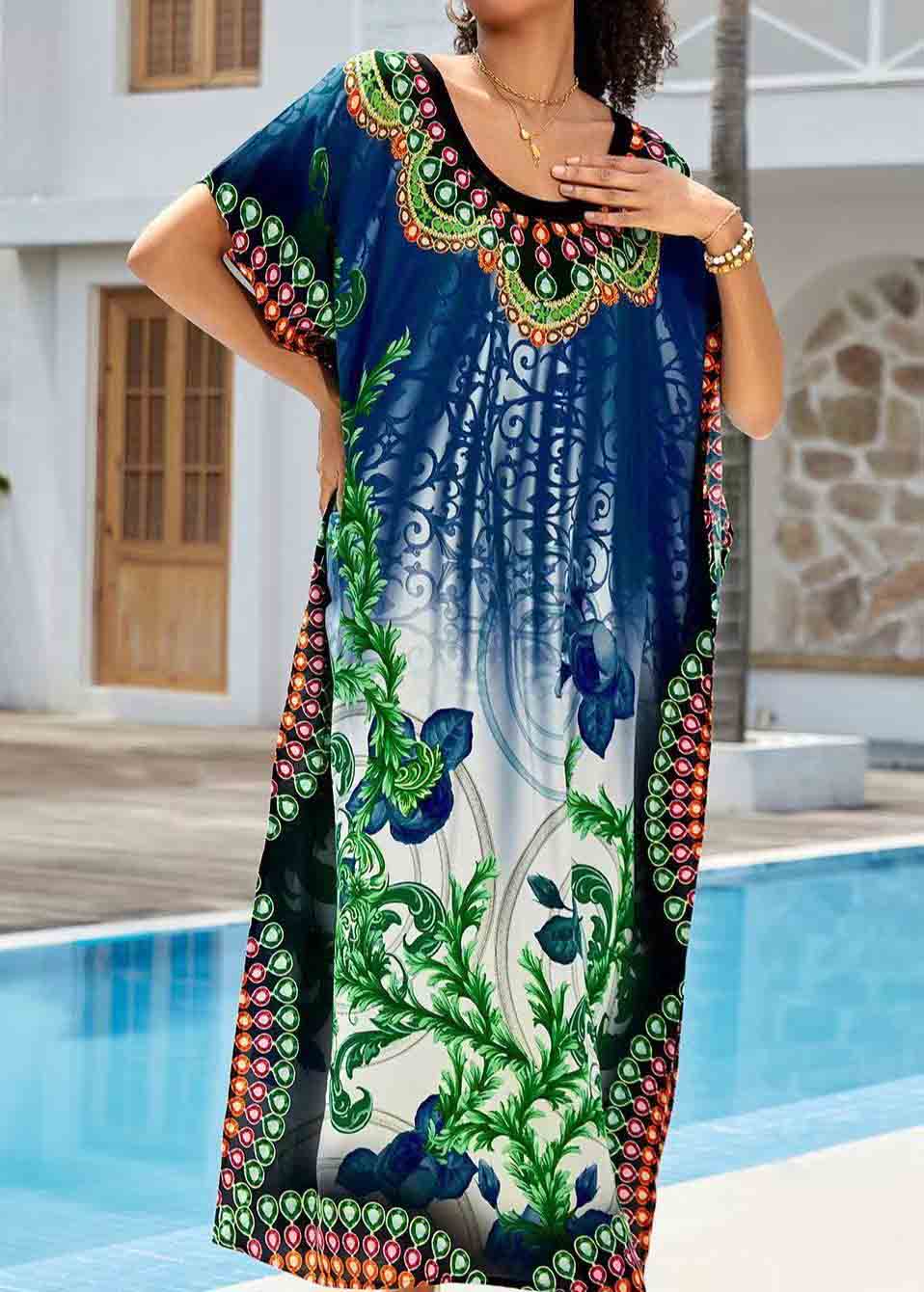 Navy Print Chiffon Long Dresses Oversized Side Open Summer