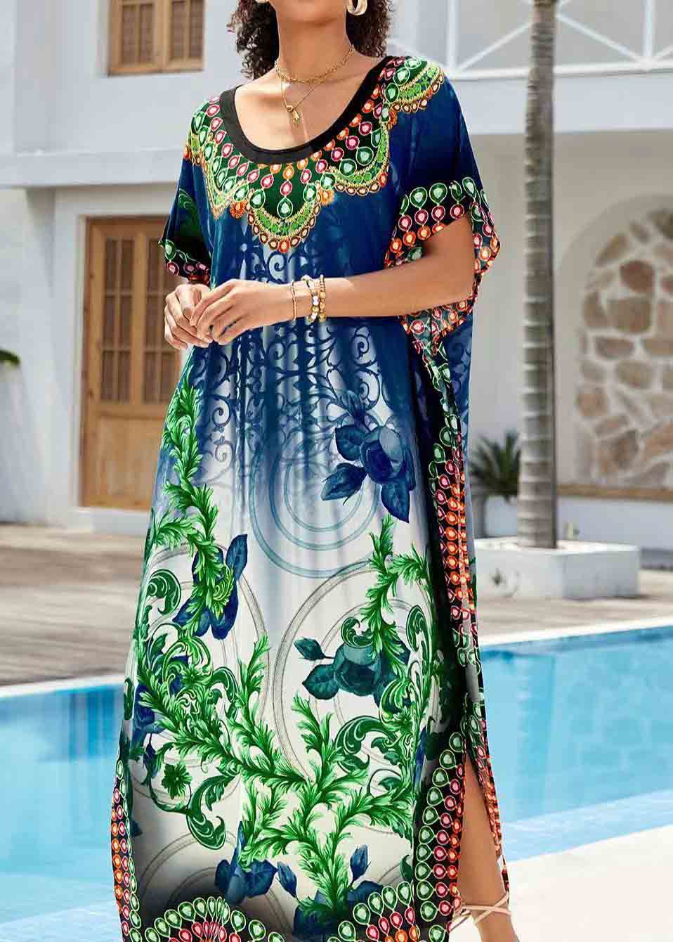 Navy Print Chiffon Long Dresses Oversized Side Open Summer
