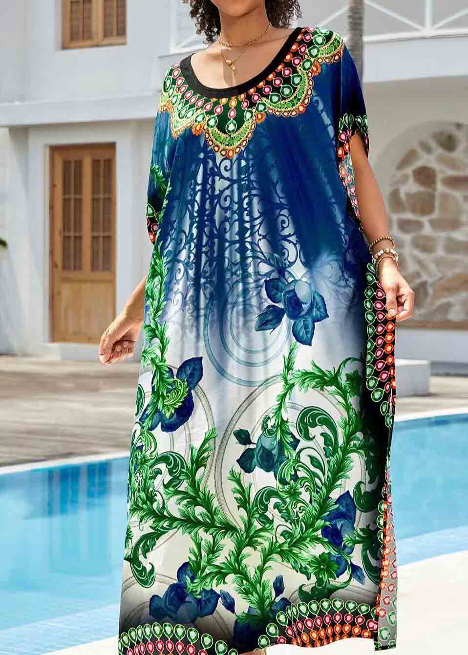 Navy Print Chiffon Long Dresses Oversized Side Open Summer