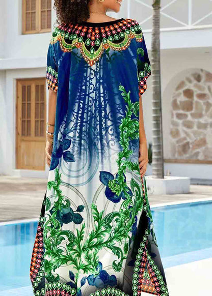 Navy Print Chiffon Long Dresses Oversized Side Open Summer