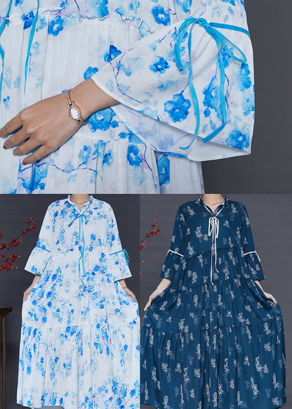 Navy Print Cotton Holiday Dresses Exra Large Hem Summer