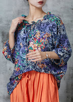 Navy Print Linen Shirts Ruffled Oversized Summer