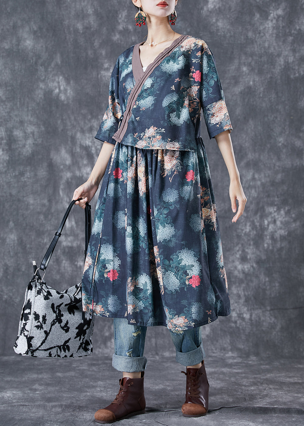 Navy Print Linen Vacation Dress Lace Up Fake Two Piece Summer