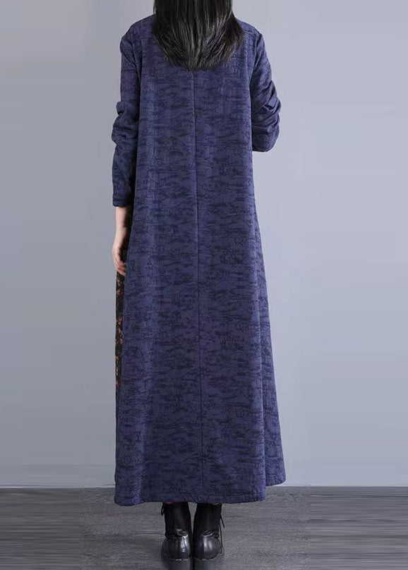 Navy Print Pockets Patchwork Cotton Long Dress Stand Collar Fall