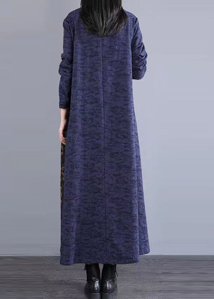Navy Print Pockets Patchwork Cotton Long Dress Stand Collar Fall