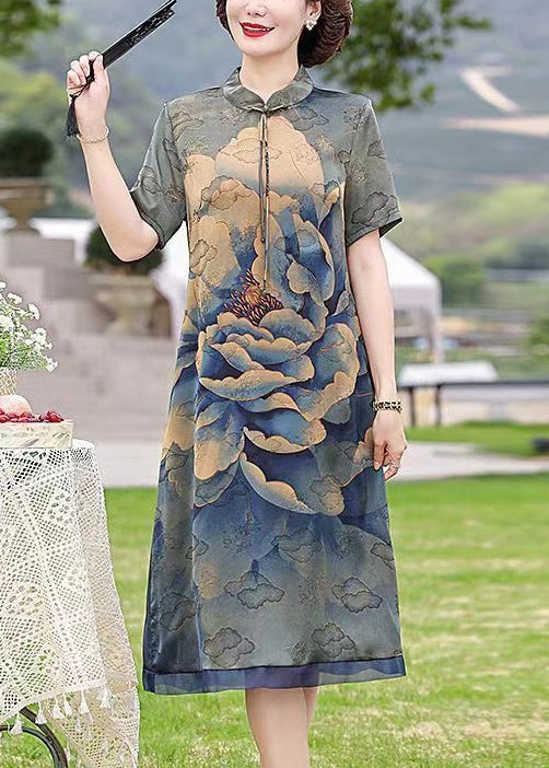 Navy Print Pockets Silk Dresses Stand Collar Short Sleeve