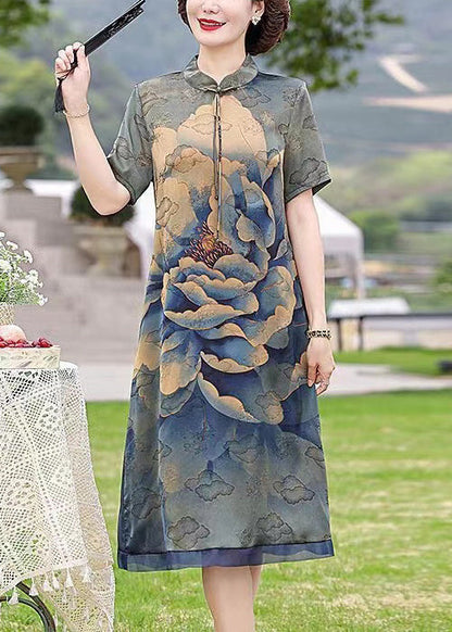 Navy Print Pockets Silk Dresses Stand Collar Short Sleeve