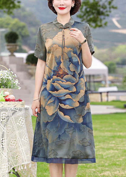 Navy Print Pockets Silk Dresses Stand Collar Short Sleeve