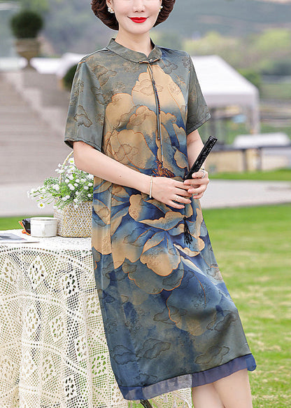 Navy Print Pockets Silk Dresses Stand Collar Short Sleeve