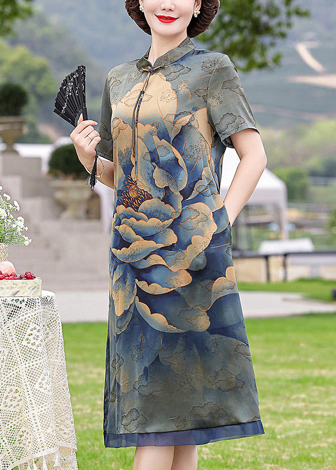 Navy Print Pockets Silk Dresses Stand Collar Short Sleeve