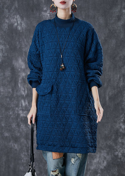 Navy Warm Fine Cotton Filled Sweatshirt Dress High Neck Pockets Winter