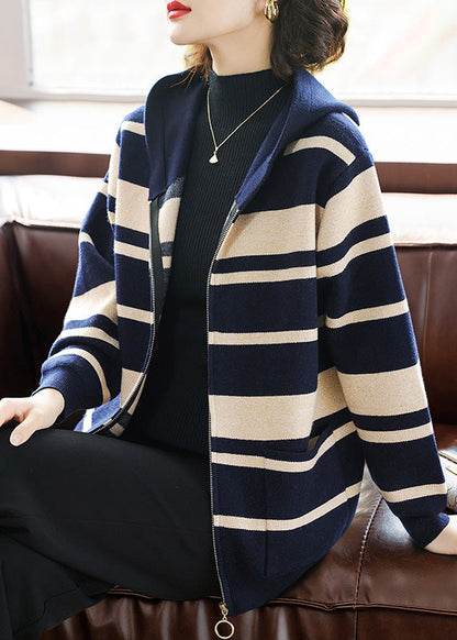 Navy Zippered Pockets Cotton Knit Hooded Coat Lantern Sleeve