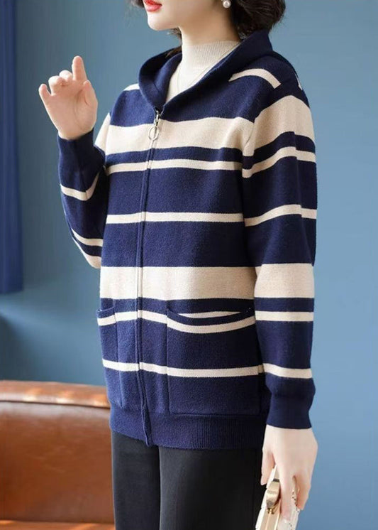 Navy Zippered Pockets Cotton Knit Hooded Coat Lantern Sleeve