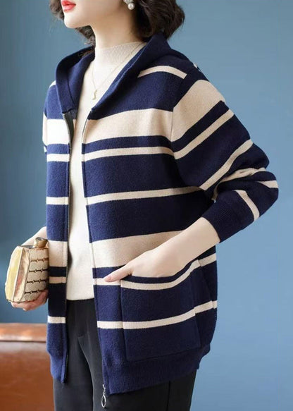 Navy Zippered Pockets Cotton Knit Hooded Coat Lantern Sleeve