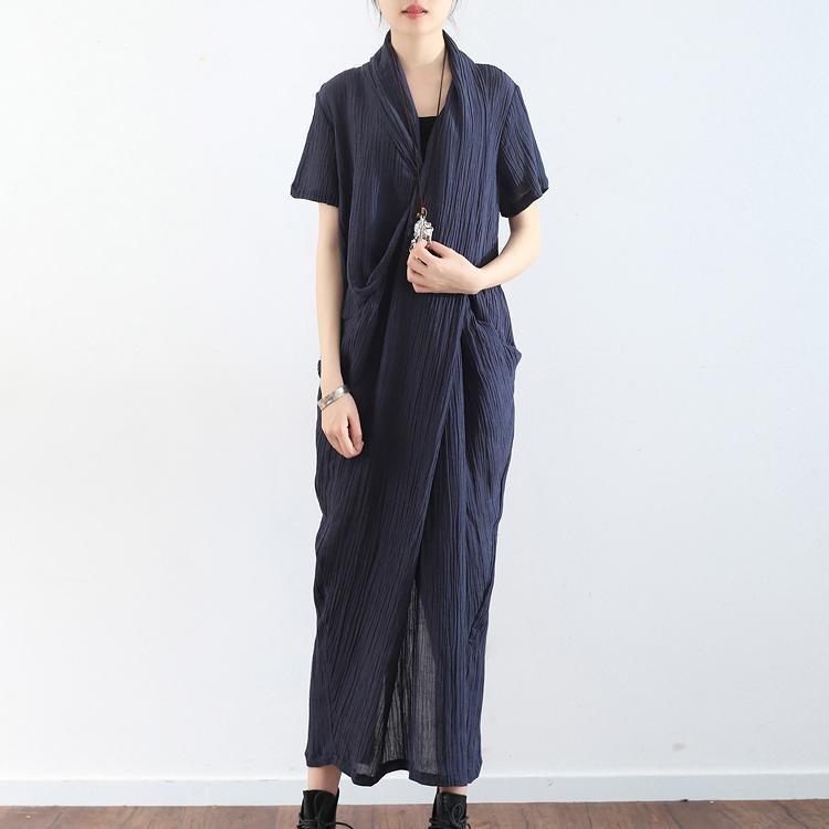 Navy cross design texture linen maxi dresses short sleeved casual caftans elegant