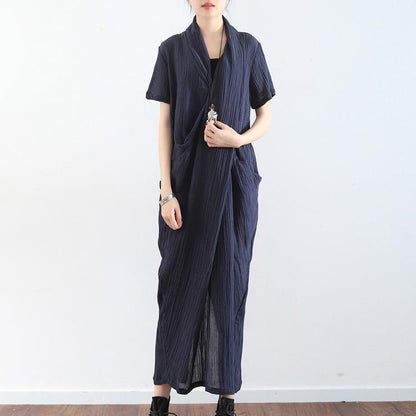 Navy cross design texture linen maxi dresses short sleeved casual caftans elegant