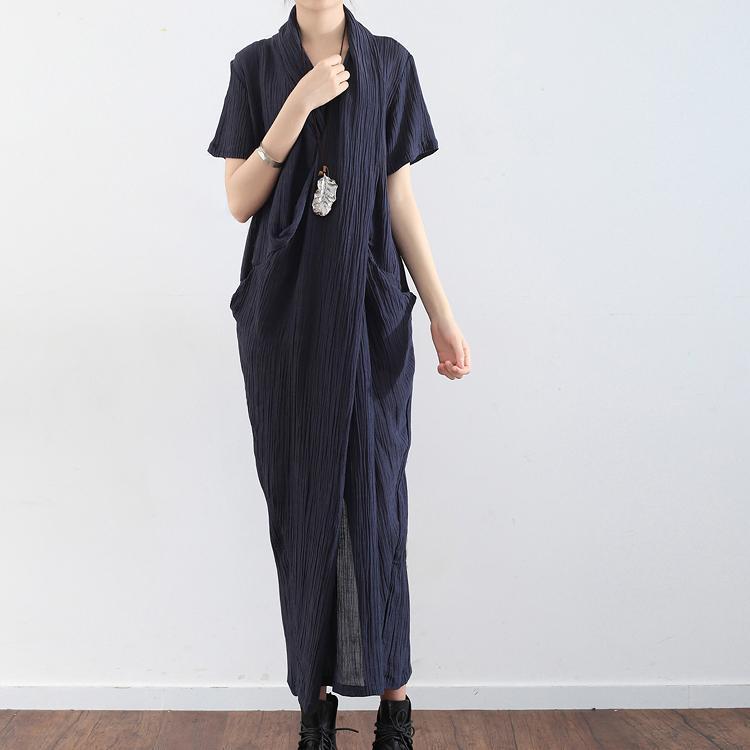 Navy cross design texture linen maxi dresses short sleeved casual caftans elegant