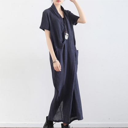 Navy cross design texture linen maxi dresses short sleeved casual caftans elegant