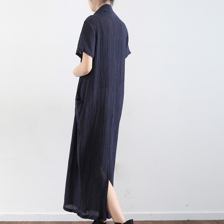 Navy cross design texture linen maxi dresses short sleeved casual caftans elegant