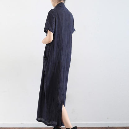 Navy cross design texture linen maxi dresses short sleeved casual caftans elegant