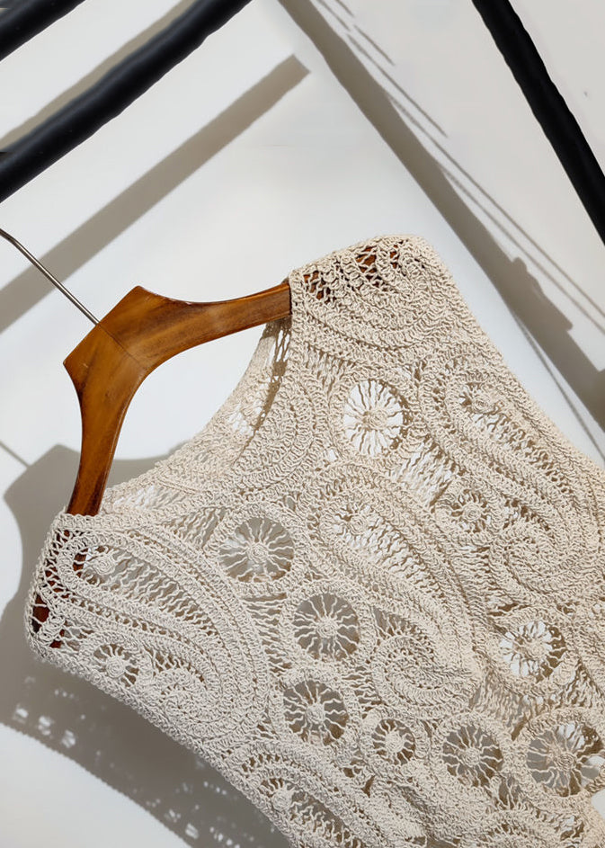 New Apricot Asymmetrical Hollow Out Knit Vest Sleeveless