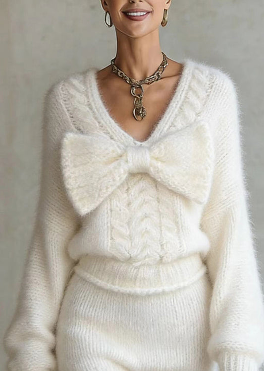 New Apricot Bow Sweaters And Shorts Knit Two Pieces Set Spring