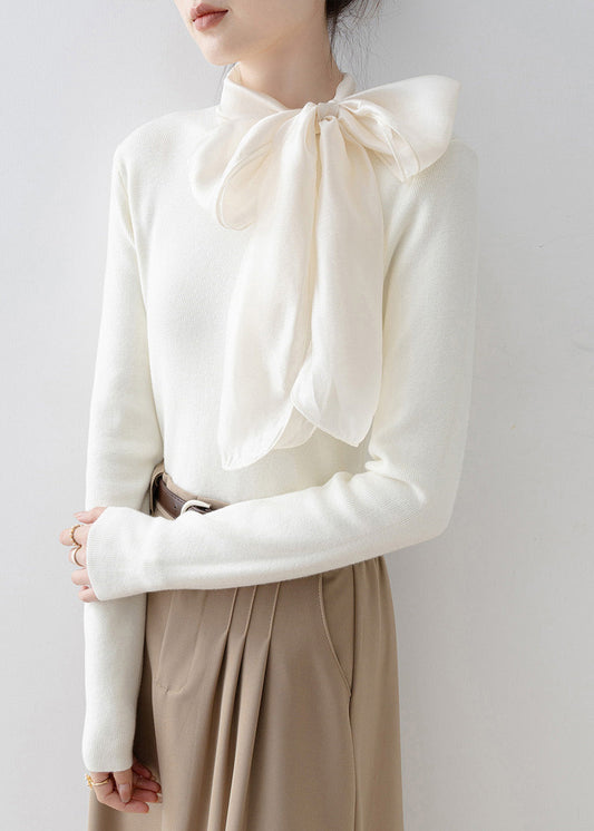 New Apricot Hign Neck Bow Patchwork Knit Sweater Spring