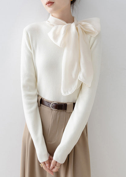 New Apricot Hign Neck Bow Patchwork Knit Sweater Spring