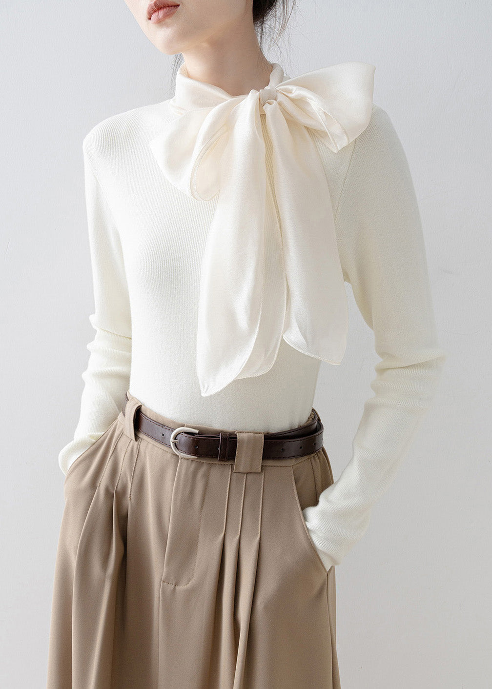 New Apricot Hign Neck Bow Patchwork Knit Sweater Spring