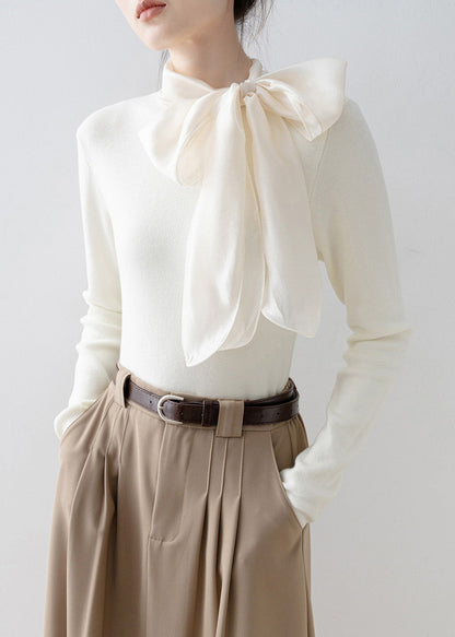 New Apricot Hign Neck Bow Patchwork Knit Sweater Spring