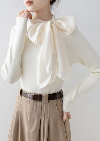 New Apricot Hign Neck Bow Patchwork Knit Sweater Spring