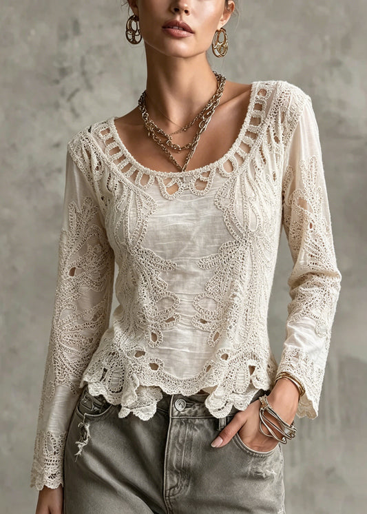 New Apricot Hollow Out Embroidered Cotton Top Long Sleeve