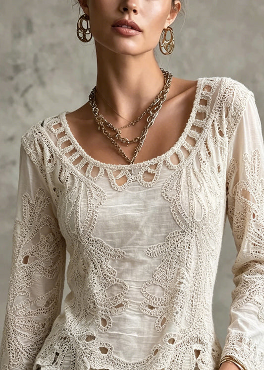 New Apricot Hollow Out Embroidered Cotton Top Long Sleeve