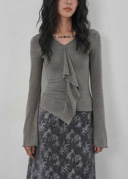 New Apricot Ruffled Asymmetrical Design Cotton T Shirts Spring