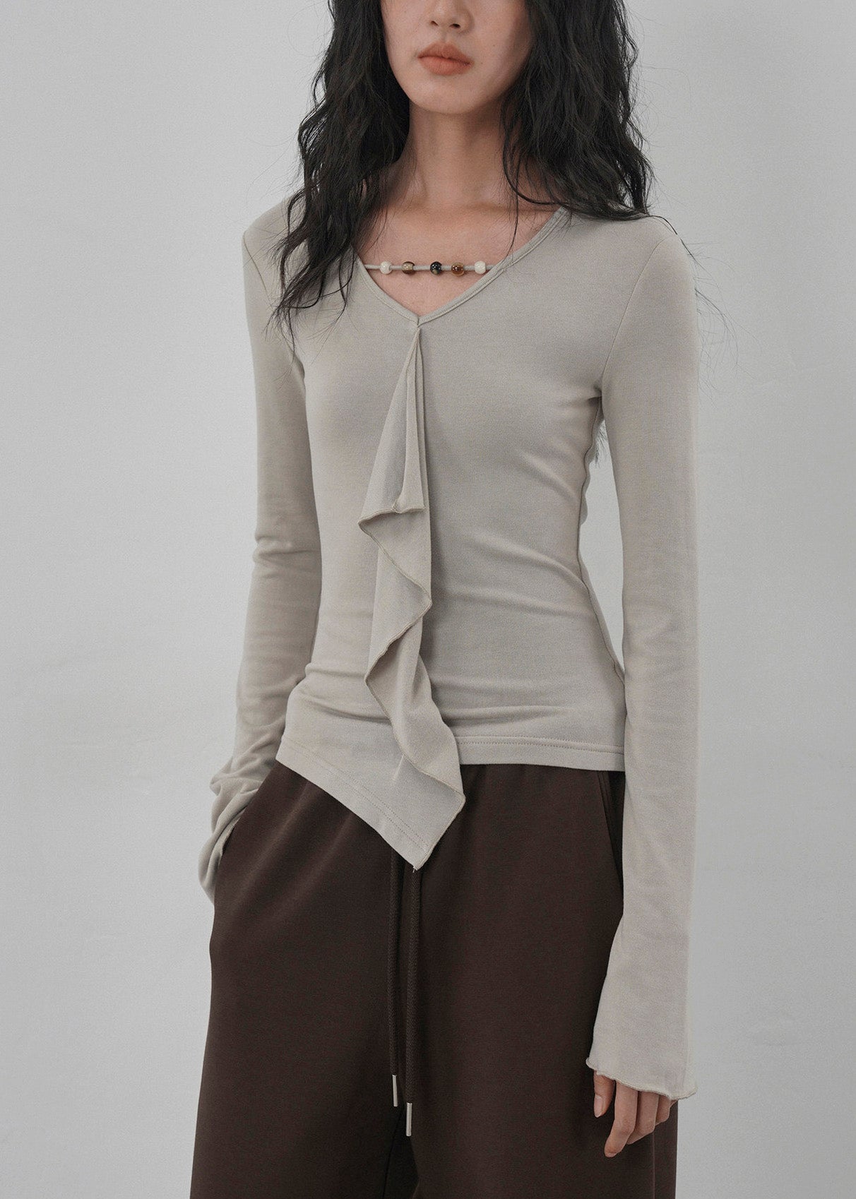 New Apricot Ruffled Asymmetrical Design Cotton T Shirts Spring