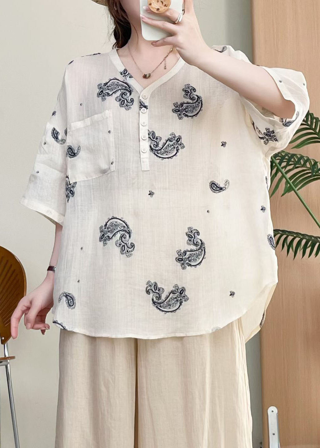 New Apricot V Neck Embroidered Linen Shirts Top Summer