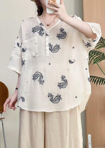 New Apricot V Neck Embroidered Linen Shirts Top Summer