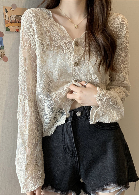 New Apricot V Neck Hollow Out Thin Lace Cardigans Summer
