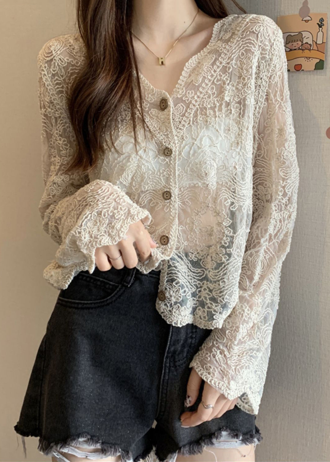 New Apricot V Neck Hollow Out Thin Lace Cardigans Summer