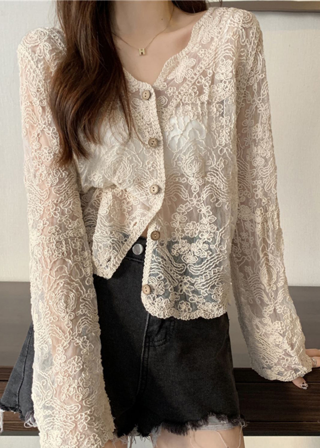 New Apricot V Neck Hollow Out Thin Lace Cardigans Summer