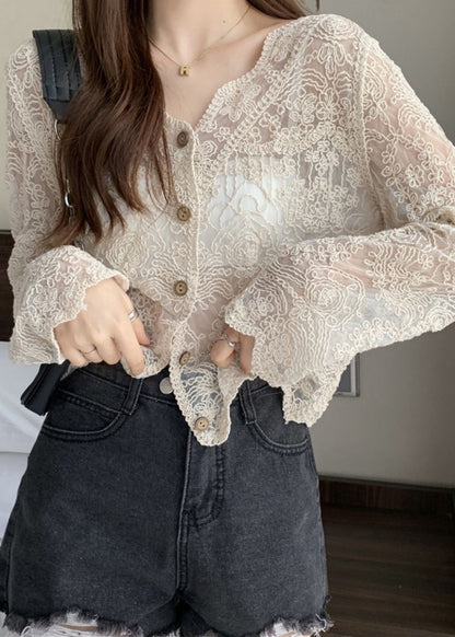 New Apricot V Neck Hollow Out Thin Lace Cardigans Summer